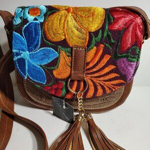Hand Tooled Leather Bag Embroidered Floral Crossbody Purse Dolce Corazon Mexico